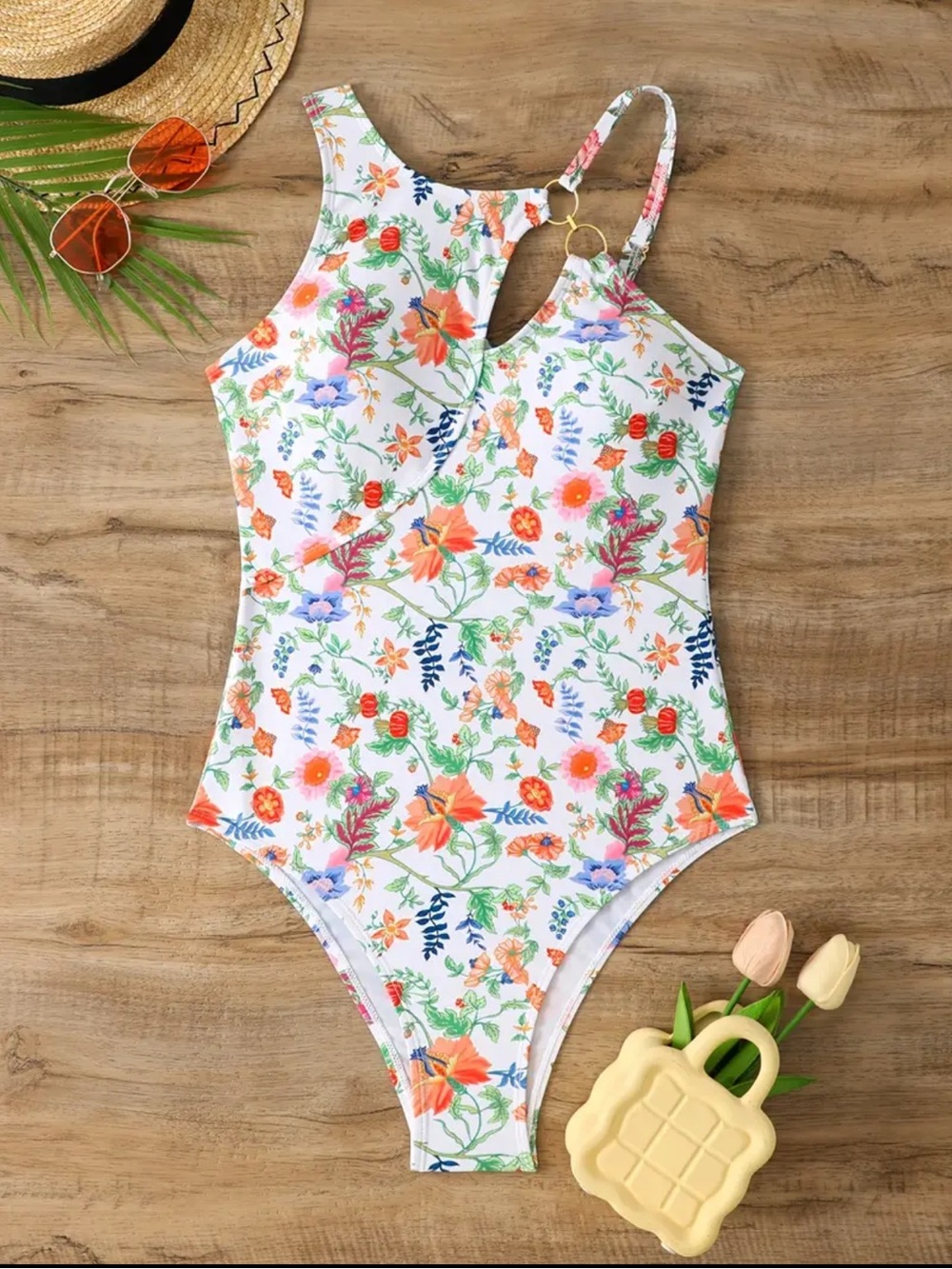 NEW Women Floral One-Piece Swim Suit - White with Multicolor Flowers Size XL